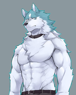 abs anthro belt biceps blue_body blue_eyes blue_fur bottomwear clothed clothing collar fur male muscular muscular_anthro muscular_male pants pecs solo topless white_body kenjilokung brand_new_animal studio_trigger shirou_ogami canid canine canis mammal wolf 2020 4:5 hi_res