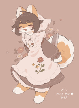 4_toes ahoge anthro blush brown_eyebrows brown_hair clothed clothed_anthro clothed_female clothing cute_fangs eyebrow_through_hair eyebrows eyes_closed fangs feet female female_anthro flower fluffy fluffy_tail frilly frilly_clothing fully_clothed fully_clothed_anthro fully_clothed_female fur hair hands_behind_back holding_knife holding_object kemono knife maid_headdress maid_uniform multicolored_body multicolored_fur neck_tuft open_mouth open_smile orange_body orange_fur pink_background plant simple_background smile solo standing tail teeth toes translucent translucent_hair tuft two_tone_body two_tone_fur two_tone_tail uniform white_body white_fur torakuro_kumezu vtuber kumecchi_(vtuber) canid canine canis domestic_dog mammal 2025 hi_res