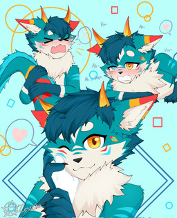 anthro blush embarrased_horny embarrassed fur heart_eyes heart_symbol horn male moan neck_tuft offscreen_sex teal_body teal_fur tuft zessoku_cm xxl_woofia kantos_(xxl_woofia) chimera hi_res multiple_scenes
