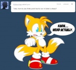 anthro blonde_hair blue_eyes dialogue dipstick_tail hair male markings solo tail tail_markings text amuzoreh sega sonic_the_hedgehog_(series) tumblr miles_prower canid canine fox mammal english_text