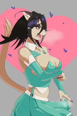 anthro bodily_fluids bottomwear bulge clothing cum erection erection_under_clothing genital_fluids gynomorph heart_eyes heart_symbol intersex saliva shaking simple_background skirt solo steam sweat trembling uniform mofa monster_factory patchie patchie_stitches felid feline mammal 2:3 absurd_res hi_res