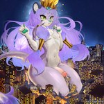 anthro city city_background city_crushing city_destruction city_lights cityscape crown destruction fur genitals gold_(metal) gold_jewelry green_eyes hair headgear jewelry macro macro_focus male multicolored_body multicolored_fur night penis purple_body purple_hair sky solo star stars_in_hair stripes two_tone_body two_tone_fur white_body charmerpie conditional_dnp felid feline mammal 1:1 2023 hi_res signature