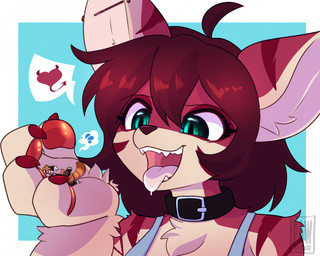 ambiguous_gender anthro collar duo extreme_size_difference female fingerpads fur green_eyes hair holding_character macro open_mouth pawpads red_body red_fur red_hair simple_background size_difference smile surprised tail tongue tongue_out p4wsized pom_(p4wsized) ailurid mammal red_panda 2025 digital_media_(artwork) hi_res