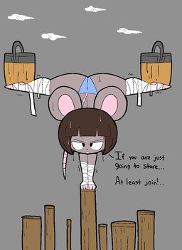 anthro bandage bandaged_arm bandaged_leg black_eyes bodily_fluids brown_hair bucket butt clothed clothing container dialogue feet female grey_background grey_body hair handstand handstand_with_split_pose holding_object looking_at_viewer panties pose simple_background solo sweat tail text thick_thighs underwear wide_hips usagibun1 ida_(usagibun1) mammal mouse murid murine rodent 2024 digital_media_(artwork) english_text hi_res