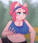 2018 2d_animation animated anthro anthrofied blue_eyes blush blush_stickers bodily_fluids breasts clothing earth_pony equid equine female friendship_is_magic hair hasbro holding_breast horse mammal motion_tweening my_little_pony nipple_outline omegaozone outside pink_hair pinkie_pie_(mlp) pony short_playtime slightly_chubby solo sweat