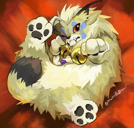 bed bedding bedding_background bell brown_body brown_fur feral fluffy fur furniture lying male on_back one_eye_closed pawpads red_eyes solo maca0v0roni bandai_namco digimon digimon_beatbreak cougarmon digimon_(species) felid feline mammal hi_res