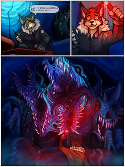 4_heads ambiguous_gender anthro black_clothing black_jacket black_topwear bodily_fluids bottomwear cave cheek_tuft clothed clothing drooling duo facial_tuft front_view fur glistening glistening_eyes grey_body grey_bottomwear grey_clothing grey_fur grey_pants head_tuft inside jacket male mouth_shot multi_eye multi_head multi_mouth multi_tongue nightmare_fuel open_mouth pants purple_tongue saliva saliva_on_tongue saliva_string solo_focus speech_bubble tan_body tan_fur tongue topwear tuft unsigned yellow_eyes acidic eldritch_abomination felid mammal monster 3:4 comic hi_res one_page_comic