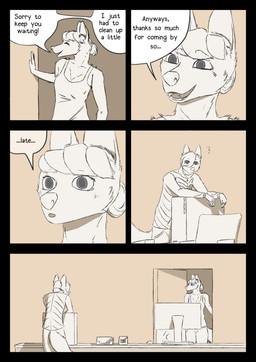 anthro arm_tuft athletic athletic_anthro athletic_female blush blush_lines breasts chair cheek_tuft clothed clothing computer dialogue duo ear_tuft electronics eye_contact eyelashes facial_tuft female fur fur_tuft furniture hair hair_bun hair_over_eye hair_over_face jacket leaning_on_object long_tail looking_at_another open_mouth pockets ponytail pupils question_mark shirt short_hair shoulder_tuft sidecut simple_background slightly_open_mouth small_breasts smile speech_bubble surprised tail tank_top text topwear translucent translucent_hair tuft tufted_fur himynameis angie_(himynameis) megan_(himynameis) canid canine mammal absurd_res comic digital_drawing_(artwork) digital_media_(artwork) english_text hi_res krita_(artwork) monochrome shaded sketch