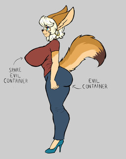 anthro big_breasts big_butt big_ears blonde_hair blue_eyes boots bottomwear breasts butt clothed clothed_anthro clothed_female clothing directional_arrow ear_piercing ear_ring ears_up eyebrows eyelashes female female_anthro footwear fully_clothed fully_clothed_anthro fully_clothed_female fur hair high_heels huge_breasts orange_body orange_fur pants piercing ring_piercing shirt shoes side_view smile solo tail text topwear chisheq evil_container sandra_(chisheq) canid canine fennec_fox fox mammal true_fox 2025 digital_drawing_(artwork) digital_media_(artwork) english_text hi_res meme
