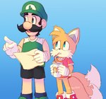 anthro beverage clothing container cup duo gloves handwear hat headgear headwear holding_container holding_cup holding_object male open_mouth paper shirt simple_background topwear young young_anthro young_male verocitea mario_bros mcdonald's nintendo sega sonic_the_hedgehog_(series) luigi miles_prower canid canine fox human mammal 2019 crossover signature