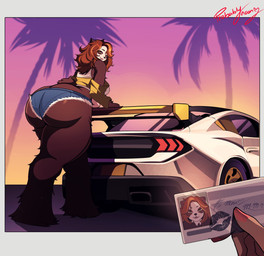 anthro big_butt bottomwear brown_body brown_fur butt car clothing colored_nails denim denim_bottomwear denim_clothing denim_shorts duo female fingernails first_person_view fur hair huge_butt human_pov nails orange_hair outside pink_fingernails pink_nails shorts text vehicle yellow_clothing yellow_eyes probablynoon bear giant_panda human mammal qinling_panda 2025 artist_name digital_media_(artwork) hi_res
