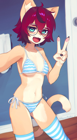 5_fingers ahoge anthro bikini breasts claws clothed clothing cute_fangs eyewear fangs female female_anthro finger_claws fingers footwear fur gesture glasses green_eyes hair hand_gesture kemono legwear looking_at_viewer multicolored_body multicolored_fur navel open_mouth pattern_bikini pattern_clothing pattern_footwear pattern_legwear pattern_socks pattern_swimwear pawpads pink_nose power_symbol pupils red_hair selfie short_hair small_breasts socks solo striped_bikini striped_clothing striped_footwear striped_socks striped_swimwear stripes swimwear symbol-shaped_pupils tan_body tan_fur teeth thigh_highs tongue triangle_bikini two-piece_swimsuit two_tone_body two_tone_fur under_boob unusual_pupils v_sign wearing_glasses white_body white_fur yoako aeiou_(yoako) domestic_cat felid feline felis mammal 2021 alternate_version_at_source digital_media_(artwork) hi_res portrait signature three-quarter_portrait