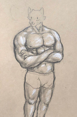 abs anthro blush blush_lines clothing crossed_arms ears_up fur looking_aside male mostly_nude muscular muscular_anthro muscular_male navel nipples panties smile solo underwear reynard_goodfellow monochrome