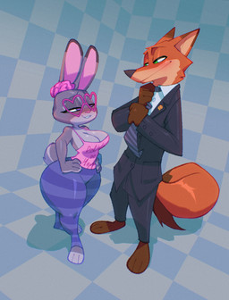 anthro big_breasts breasts brown_body brown_fur clothed clothing curvy_figure duo eyewear female fur glasses green_eyes grey_body grey_fur leggings legwear long_ears male male/female multicolored_body multicolored_fur narrowed_eyes orange_body orange_fur purple_eyes scut_tail shirt short_tail tail tan_body tan_fur tank_top thick_thighs topwear voluptuous wide_hips bigdad disney zootopia judy_hopps nick_wilde canid canine fox lagomorph leporid mammal rabbit 2026