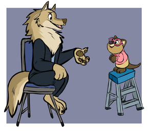 anthro chair chest_tuft clothed clothing duo eyewear female fur furniture glasses holly_howl paws pink_clothing pink_eyewear pink_glasses pink_shirt pink_topwear shirt step_stool tan_body tan_fur topwear tuft wearing_glasses wolf_tail pastelcore disney zootopia dr._fuzzby canid canine canis macropod mammal marsupial quokka wolf hi_res