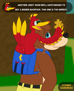 animal_genitalia anthro backpack beak belt blue_eyes bottomwear brown_body brown_fur cloaca clothing duo feathers female feral fur genitals green_eyes male male/female pants red_body red_feathers speech_bubble text tongue yellow_body yellow_bottomwear yellow_clothing yellow_feathers yellow_pants atomic_darkness banjo-kazooie rareware banjo_(banjo-kazooie) kazooie avian bear bird breegull mammal absurd_res english_text hi_res