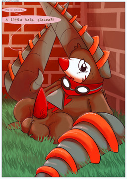 balls big_balls brown_body dialogue drill eyewear genitals goggles male penis red_nose scarf solo speech_bubble screamoshaymin nintendo pokemon pokemon_legends_z-a generation_9_pokemon mega_evolution mega_excadrill pokemon_(species) absurd_res hi_res signature