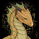 abstract_background ambiguous_gender black_horn black_spikes feral green_eyes horn logo scales solo ventral_scales yellow_body yellow_scales firael mythology dragon mythological_creature mythological_scalie scalie 1:1 artist_logo signature