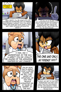 anthro black_nose clothed clothing dialogue eye_scar eyes_closed facial_scar fingers hair inside male one_eye_closed open_mouth scar text dexstar canid canine canis domestic_dog mammal 2:3 comic digital_media_(artwork) english_text hi_res