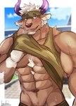 abs accessory anthro biceps blush bodily_fluids brown_body brown_fur clothed clothing clothing_lift eyebrows fur hair headband horn male muscular muscular_anthro muscular_male pecs shirt shirt_lift solo sweat tank_top thick_eyebrows topwear white_hair mofuritai_art lifewonders tokyo_afterschool_summoners shennong_(tas) bovid bovine cattle mammal absurd_res hi_res