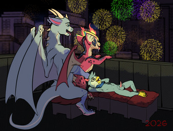 anal anal_penetration animal_genitalia animal_penis anthro anus balls beak bodily_fluids butt chair_position erection feathers feet fingers fireworks from_behind_position genitals group half-closed_eyes hands_behind_head holidays horn lying male male/male male_penetrated male_penetrating male_penetrating_male membrane_(anatomy) membranous_wings narrowed_eyes night nude on_back open_beak open_mouth outside penetration penile penile_penetration penis rooftop saliva saliva_string sex sitting size_difference smaller_penetrated smile tail teeth toes tongue tongue_out trio voyeur wings zafara_(artist) league_of_legends mythology new_year new_year_2026 riot_games tencent smolder_(lol) avian bird dragon mythological_creature mythological_scalie scalie digital_media_(artwork) hi_res