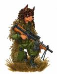 5_fingers ambiguous_gender anthro clothed clothing dreadlocks fingers ghillie_suit gun holding_gun holding_object holding_ranged_weapon holding_weapon military ranged_weapon solo uniform wa2000 weapon ewgengster mauze canid canine canis dobermann domestic_dog mammal pinscher 2019 hi_res traditional_media_(artwork)