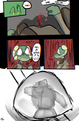 anthro arrow_(weapon) arrow_through_chest blood bodily_fluids dialogue female ranged_weapon speech_bubble text weapon yellow_eyes brradett microsoft the_elder_scrolls lernie_(brradett) argonian scalie absurd_res comic english_text hi_res