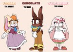 2022 anthro apron artisyone blue_kerchief blue_neckerchief boots brown_body brown_eyes brown_fur clothed clothing colored curtsey dress english_text fan_character female floppy_ears footwear fur gloves group hair hand_on_ear handwear hare hi_res high_heels kerchief lagomorph leporid long_ears looking_at_viewer mammal neckerchief orange_hair overalls pink_body pink_clothing pink_dress pink_eyes pink_fur plaid purple_clothing purple_dress rabbit sega shoes simple_background slippers smile sonic_the_hedgehog_(series) standing tan_body tan_fur text trio vanilla_the_rabbit white_clothing white_gloves white_handwear yellow_clothing