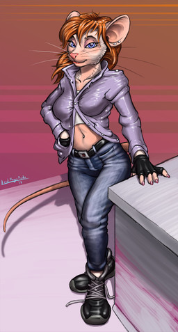 1980s_theme alternative_fashion anthro belt bottomwear breasts button_(fastener) clothing denim denim_bottomwear denim_clothing ear_piercing female footwear front_view glamrock gloves hair handwear jacket jeans midriff navel pants piercing pockets retro retrosynth shirt shoelaces shoes simple_background sneakers solo straining_buttons synthwave topwear whiskers lord_magicpants chip_'n_dale_rescue_rangers disney gadget_hackwrench mammal mouse murid murine rodent 2018 digital_media_(artwork) full-length_portrait hi_res portrait