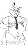 anthro balls belly big_belly clothed clothing eyewear facial_hair genitals glasses humanoid_genitalia humanoid_hands humanoid_penis male mature_male mustache navel necktie overweight overweight_male partially_clothed penis raised_clothing raised_shirt raised_topwear shirt solo topwear underwear underwear_down bravo canid canine fox mammal 2022 hi_res monochrome