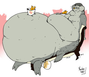 ambiguous_gender belly big_belly chair food food_in_mouth furniture grey_arms grey_belly grey_body huge_belly on_chair overweight simple_background solo stuffing white_background yauhasart aquatic mammal pinniped seal taur 2023 hi_res watermark