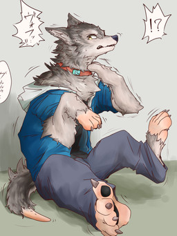 black_clothing black_pawpads black_shirt black_topwear bodily_fluids bottomwear cheek_tuft claws clothing collar facial_tuft finger_claws fur fur_growth grey_body grey_bottomwear grey_clothing grey_fur grey_pants growth head_tuft human_to_feral inner_ear_fluff interrobang male mid_transformation pants pawpads shirt sitting solo species_transformation speech_bubble surprised sweat tail tail_growth text toe_claws topwear transformation transformative_collar tuft yellow_eyes juutton canid canine canis human mammal wolf absurd_res hi_res japanese_text