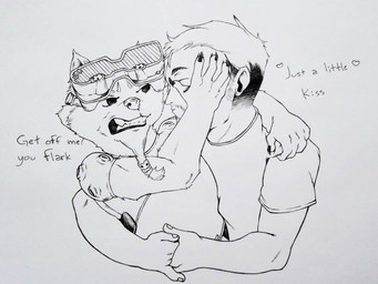 anthro clothed clothing duo fur hair human_on_anthro ink interspecies male male/male size_difference smile text bug_eater guardians_of_the_galaxy marvel peter_quill rocket_raccoon animal_humanoid human humanoid mammal procyonid raccoon english_text hi_res traditional_media_(artwork)