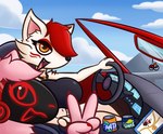 4_fingers anthro beverage beverage_can car convertible duo female fingers gesture hair hand_gesture inside_car inside_vehicle machine navel pink_body pokeball premier_ball protogen_visor red_hair soda standard_pokeball v_sign vehicle white_body yellow_eyes arturfox fanta nintendo pokemon sprite_(soda) chara_senko_yukimoto rox_02 canid canine fox mammal protogen absurd_res hi_res