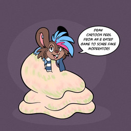 arm_warmers armwear blue_eyes blue_hair brown_body brown_fur buckteeth clothing dialogue duo ear_piercing ear_ring fur hair jewelry markings piercing red_nose ring_piercing single_panel speech_bubble teeth text toony whisker_markings trevor-fox trevor-fox_(character) like_like mammal mouse murid murine rodent 1:1 comic english_text hi_res nonbinary_(lore)