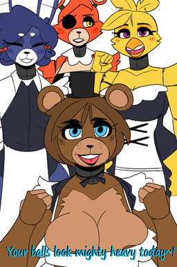 anthro areola areola_slip beak big_breasts black_nose black_top_hat blue_eyes blush blush_stickers breasts brown_areola brown_body brown_fur brown_hair cheek_tuft cleavage clothed clothing crossgender dialogue eye_patch eyelashes eyes_closed eyewear facial_tuft feathers female front_view fur group hair head_feathers head_tuft looking_at_viewer machine maid_uniform mtf_crossgender orange_eyes purple_body purple_eyes purple_fur purple_hair short_hair simple_background smile talking_to_viewer text tuft uniform white_background white_body white_fur yellow_body yellow_eyes yellow_feathers zhenai five_nights_at_freddy's scottgames bonnie_(fnaf) chica_(fnaf) foxy_(fnaf) freddy_(fnaf) animatronic avian bear bird canid canine chicken fox galliform gallus_(genus) lagomorph leporid mammal phasianid rabbit robot 2022 digital_media_(artwork) hi_res