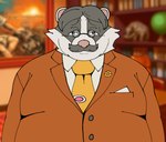 alternate_species anthro bodily_fluids clothed clothed_anthro clothed_male clothing eyewear facial_hair fur furrification glasses grey_body grey_fur grey_hair hair looking_at_viewer male multicolored_body multicolored_fur mustache necktie solo suit sweat sweatdrop two_tone_body two_tone_fur white_body white_fur smush-sin ace_attorney capcom marvin_grossberg badger mammal mustelid musteline 2025 hi_res