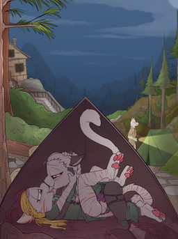 anthro anthro_on_anthro anthro_penetrated anthro_penetrating anthro_penetrating_anthro backpack blonde_hair blush bodily_fluids bottomwear bottomwear_down camping clothed clothing dildo duo_focus female female/female female_penetrated female_penetrating female_penetrating_female flashlight french_kissing from_front_position genital_fluids genitals green_eyes group hair half-closed_eyes kissing legs_up lying missionary_position narrowed_eyes night on_back pants pants_down partially_clothed pawpads penetration saliva seductive sex sex_toy strapon tent vaginal vaginal_fluids vaginal_penetration vulva yellow_eyes young young_anthro young_on_young fuf canid canine canis domestic_cat domestic_dog felid feline felis mammal hi_res