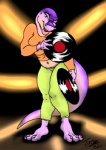 3_toes 4_fingers anthro barefoot biped bottomwear breast_squish breasts claws clothing cropped_sweater feet female fingers front_view holding_object looking_at_viewer midriff non-mammal_breasts one_eye_closed orange_eyes pants pose purple_body purple_scales record scales solo squish sweater tail toes toony topwear wide_hipped_female wide_hips wink trias dinosaurs_inc. delilah_(trias) dinosaur prehistoric_species reptile scalie theropod tyrannosaurid tyrannosauroid tyrannosaurus tyrannosaurus_rex 2011 pinup