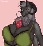 4_arms 4_breasts anthro beverage big_breasts black_horn bra breasts clothing container cup curled_horn dracofox drinking_straw female fur green_bra green_clothing green_underwear grey_body grey_fur grey_hair hair horn inner_ear_fluff looking_at_viewer multi_arm multi_breast multi_limb object_between_breasts pink_background pointy_ears prick_ears sharp_teeth simple_background smile snout soda_cup solo teeth tuft underwear yellow_eyes fierce-adopts coca-cola digital_drawing_(artwork) digital_media_(artwork) half-length_portrait portrait shaded soft_shading