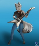 anthro biped bottomwear clothing collar dipstick_tail electric_guitar guitar guitarist humbucker looking_at_viewer male markings musical_instrument pants paws playing_guitar playing_music plucked_string_instrument solo standing string_instrument tail tail_markings renatetherat heavy_metal jackson_guitars king_v greg_jackson_(character) canid canine canis mammal wolf hi_res