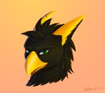 beak black_body black_fur feral fur green_eyes male simple_background solo tan_background yellow_ears aydaharart mythology blench avian gryphon mythological_avian mythological_creature absurd_res headshot_portrait hi_res portrait