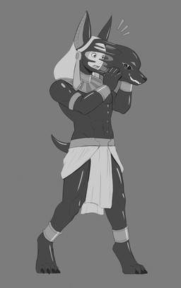 4_toes 5_fingers abs accessory ambiguous_gender ambiguous_human anklet anklewear anthro armband athletic athletic_anthro athletic_male biped black_sclera bound bracelet claws clothing digitigrade egyptian egyptian_clothing egyptian_headdress encasement eye_markings feet fingers glistening glistening_body grey_background human_to_anthro jewelry latex looking_at_another looking_back male male_anthro markings mask mid_transformation mischievous_smile navel nemes nemes_(clothing) nipples open_mouth paws pecs pupils sharp_teeth shendyt shocked simple_background slit_pupils smile snout solo species_transformation standing struggling surprised tail teeth toe_claws toes tongue transformation usekh wide_eyed worried wristwear dsaprox egyptian_mythology middle_eastern_mythology mythology anubis deity human living_latex mammal symbiote absurd_res flat_colors hi_res monochrome