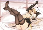 belt blonde_hair breasts clothed clothing female genitals hair horn inside legwear lying nipples not_furry pillow pussy solo stockings window kinhasu arknights hypergryph studio_montagne meteorite_(arknights) horned_humanoid humanoid 2020