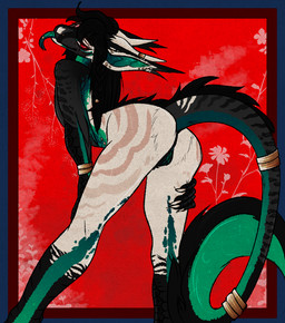 accessory anthro bracelet butt female forked_tongue fur furgonomics genitals green_body green_fur green_tongue grey_body grey_fur hair horn jewelry long_ears long_hair long_tail long_tongue looking_at_viewer mane mane_hair nude piercing presenting presenting_hindquarters red_eyes seductive simple_background solo standing striped_body striped_fur stripes tail tail_accessory tail_jewelry tongue tongue_out tongue_piercing vulva white_body white_fur atlas-rei royal_vernid vernid 2026 digital_media_(artwork)