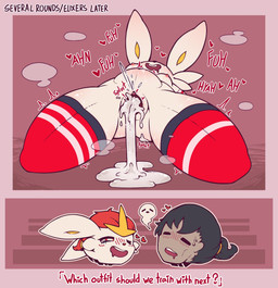 after_sex areola belly_blush black_hair blush blush_lines bodily_fluids body_blush breasts butt butt_blush cheek_tuft clitoral_hood clothing cum cum_from_vagina cum_in_vagina cum_inflation cum_inside cum_on_butt cum_on_ground cum_puddle drooling duo ejaculation eyes_closed facial_tuft female fur genital_fluids genitals glistening glistening_body glistening_breasts glistening_butt glistening_thighs hair hair_bun heart_reaction inflation legwear lying male nipples on_back pattern_clothing pattern_legwear pattern_stockings pink_background pupils red_clothing red_eyes red_hair red_legwear red_stockings saliva saliva_on_face simple_background small_breasts spread_legs spreading steam steaming_body stockings striped_clothing striped_legwear striped_stockings stripes sweat sweaty_face text thigh_blush tremble_lines tremble_spikes tuft vaginal_fluids vaginal_squirting vulva white_body white_fur white_pupils yellow_hair_tie prixxm_panda nintendo pokemon c'ruru_(prixxm_panda) cinderace generation_8_pokemon human mammal pokemon_(species) 2026 comic english_text hi_res multiple_scenes