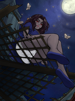 biped blue_clothing building clean_diaper clothed clothing dark_body detailed_background diaper dress female footwear looking_at_viewer looking_down low-angle_view moon moths nails night pointy_ears red_eyes sharp_nails shoes slippers solo tower wearing_diaper floofnfluff ambient_arthropod ambient_insect ambient_moth humanoid vampire absurd_res digital_media_(artwork) hi_res