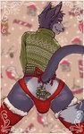 all_fours anthro bulge christmas_clothing clothing grin holidays jockstrap legwear looking_back male purple_body raised_tail rear_view smile solo stockings sweater tail topwear underwear mindoffur christmas lust_shards tate_(lust_shards) domestic_cat felid feline felis mammal hi_res