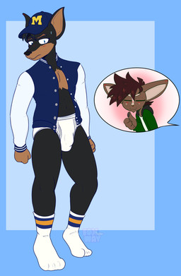 baseball_cap blue_baseball_cap briefs brown_hair bulge clothing detailed_background duo eyewear footwear foxway foxweyman gesture glasses hair hand_gesture hat headgear headwear jacket legwear letterman_jacket male monotone_briefs monotone_clothing monotone_underwear pantsless_male pattern_clothing pattern_footwear pattern_legwear pattern_socks shirt socks striped_clothing striped_footwear striped_socks stripes t-shirt text thumbs_up tighty_whities topwear underwear white_briefs white_clothing white_footwear white_shirt white_socks white_t-shirt white_topwear white_underwear yellow_text drfoxweyman meme_clothing university_of_michigan canid canine canis dobermann domestic_dog mammal pinscher hi_res meme