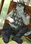 absurd_res agitongunohoken agitoryuusaki anthro argyle_(pattern) black_sclera blue_eyes blush canid canine canis clothing domestic_dog eyewear feet foot_focus footwear fur glasses hi_res humanoid_feet lifewonders male mammal masanori_(tas) multicolored_body multicolored_fur pinstripe_pants plantigrade scar sitting socks solo sweater sweater_vest toe_socks tokyo_afterschool_summoners topwear vest